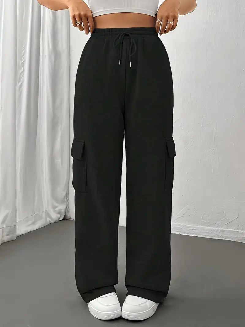 "Black Wide-Leg High-Waist Cargo Sweatpants | Women | The Flexo"