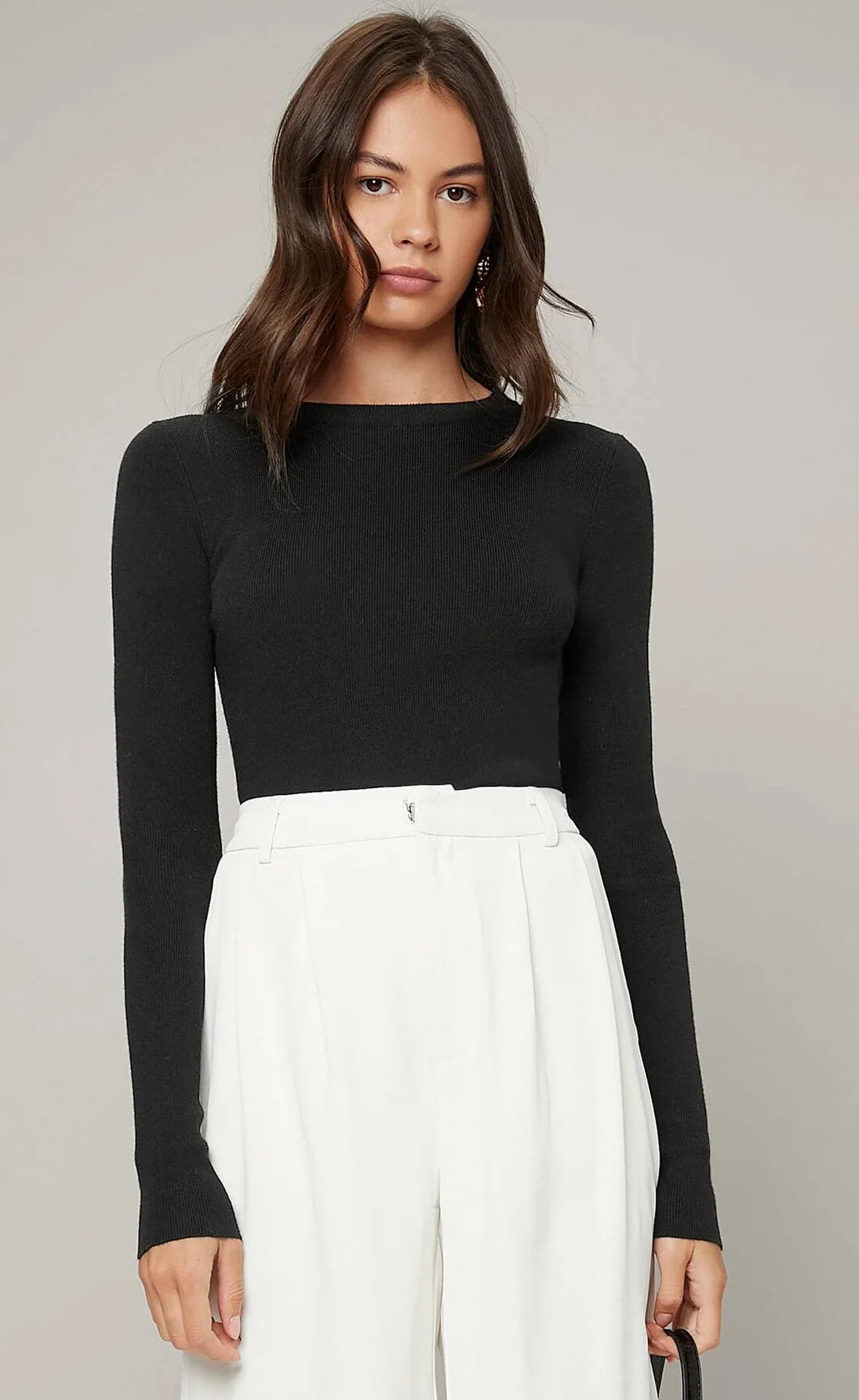 TheFlexo Simple Round Neck Casual Long Sleeve Ribbed Knit Thermal Top - Black