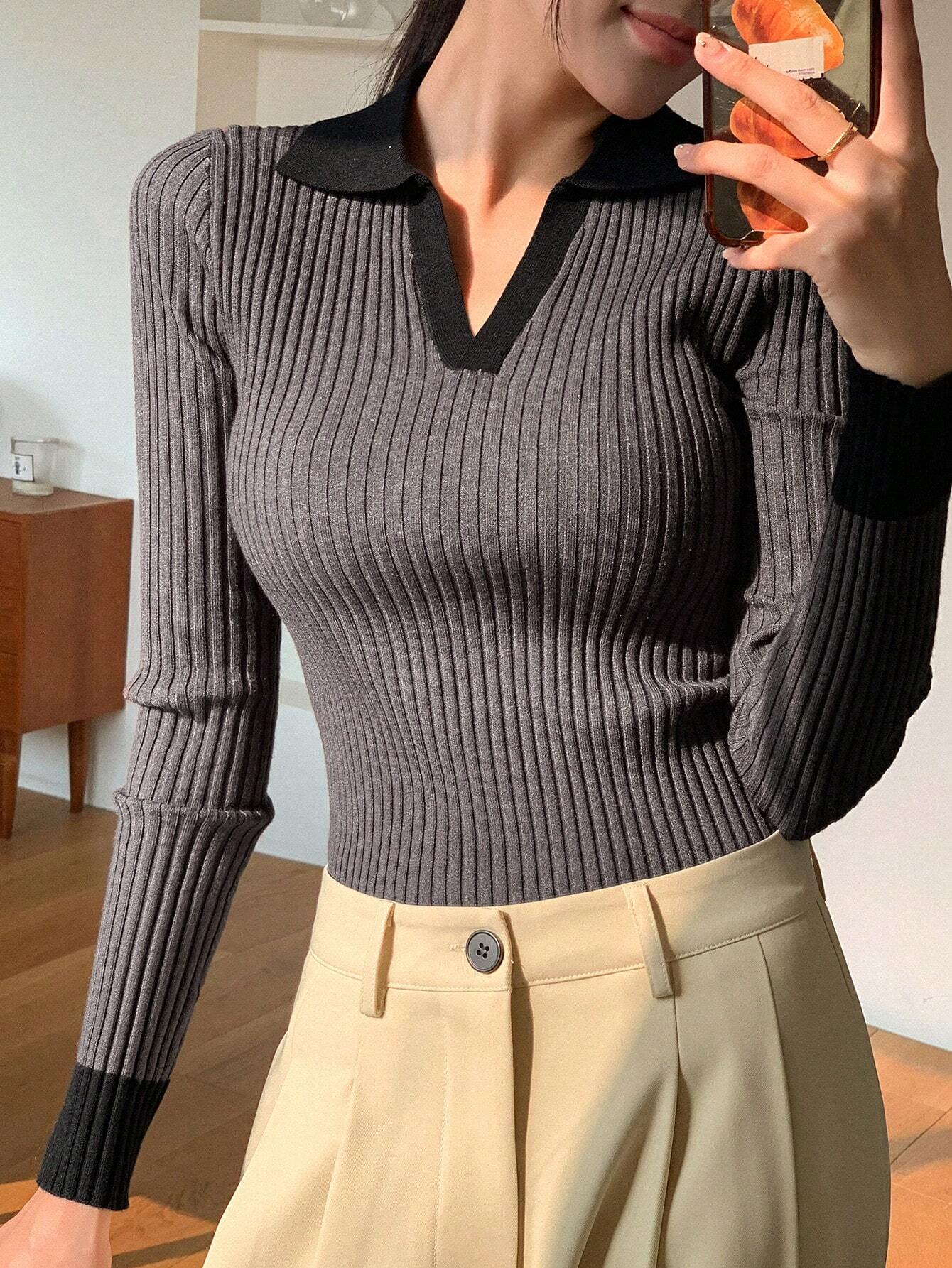 TheFlexo Full Sleeve Ribbed Knit Polo Thermal Top - Charcoal