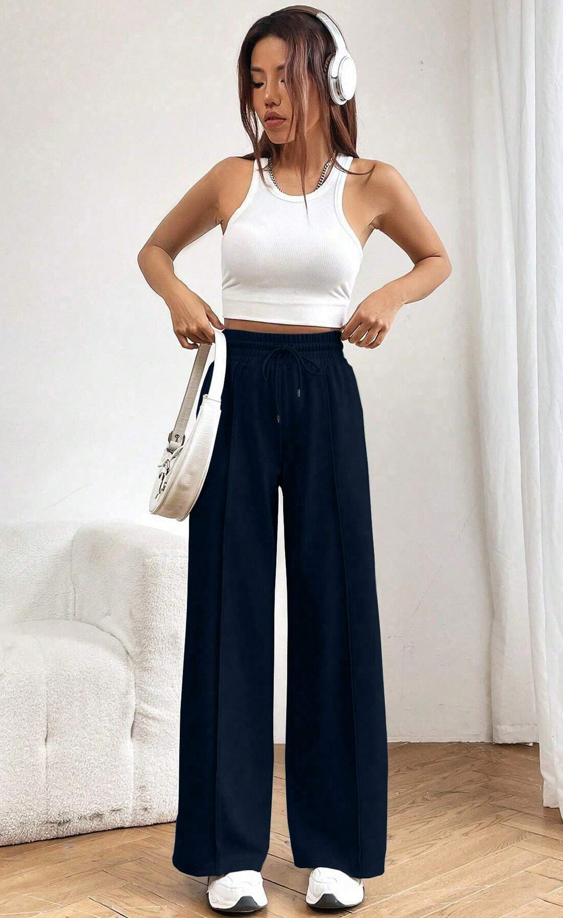 "Navy Blue Wide-Leg High-Waist Sweatpants | Women | The Flexo"