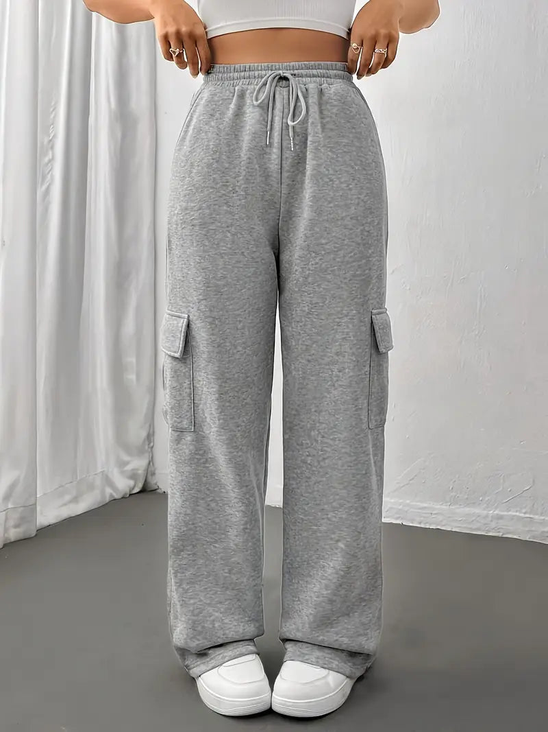 "Grey Wide-Leg High-Waist Cargo Sweatpants | Women | The Flexo"