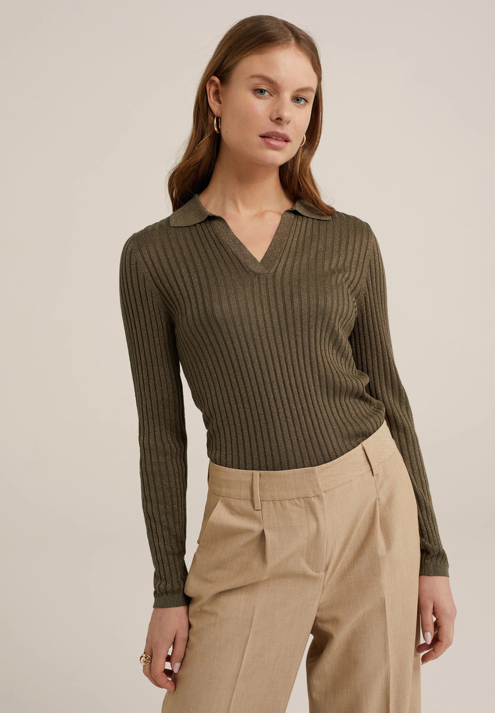 TheFlexo Full Sleeve Ribbed Knit Polo Thermal Top Olive Green