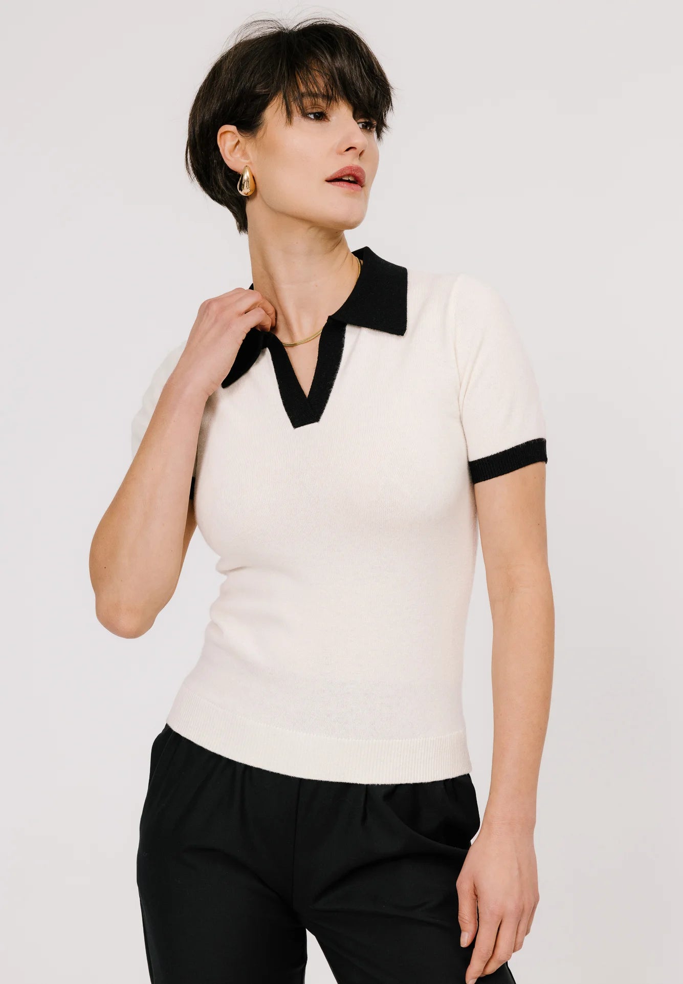 TheFlexo Half Sleeve Ribbed Knit Polo Thermal Top - Biege - (Short Sleeves)