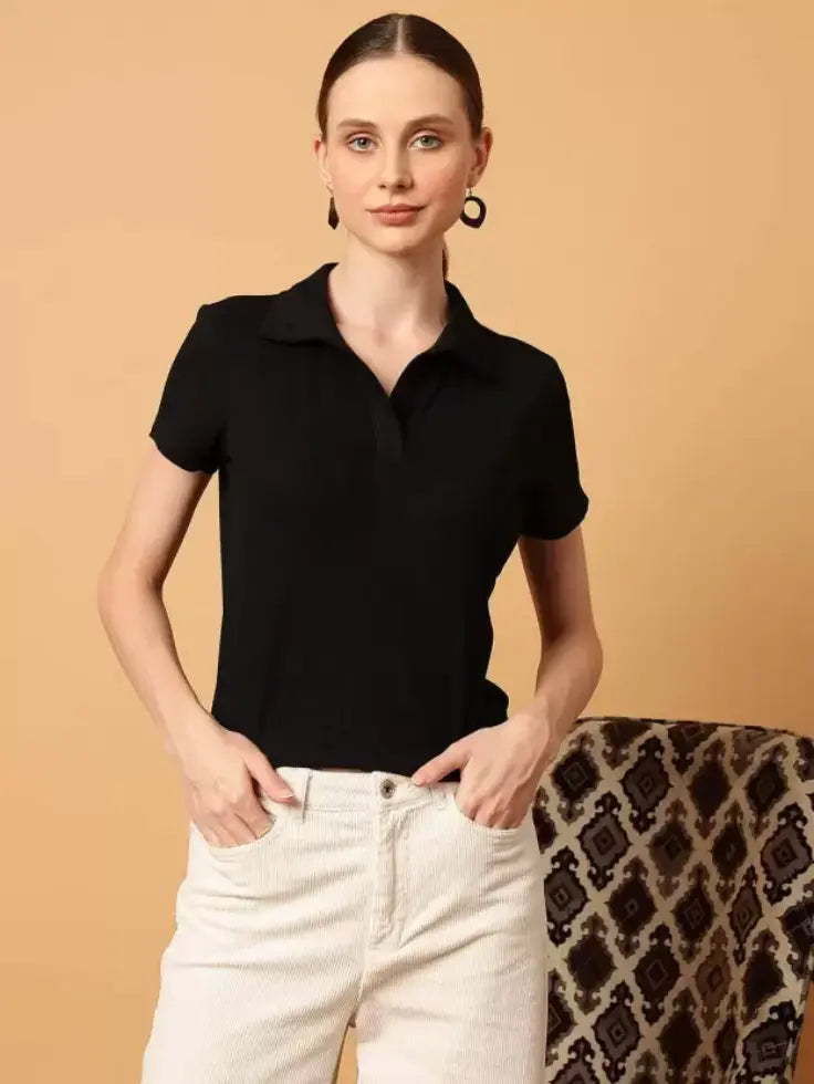 TheFlexo Half Sleeve Ribbed Knit Polo Thermal Top - Black - (Short Sleeves)