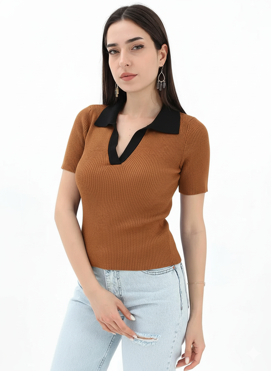 TheFlexo Half Sleeve Ribbed Knit Polo Thermal Top - Camel Brown - (Short Sleeves)