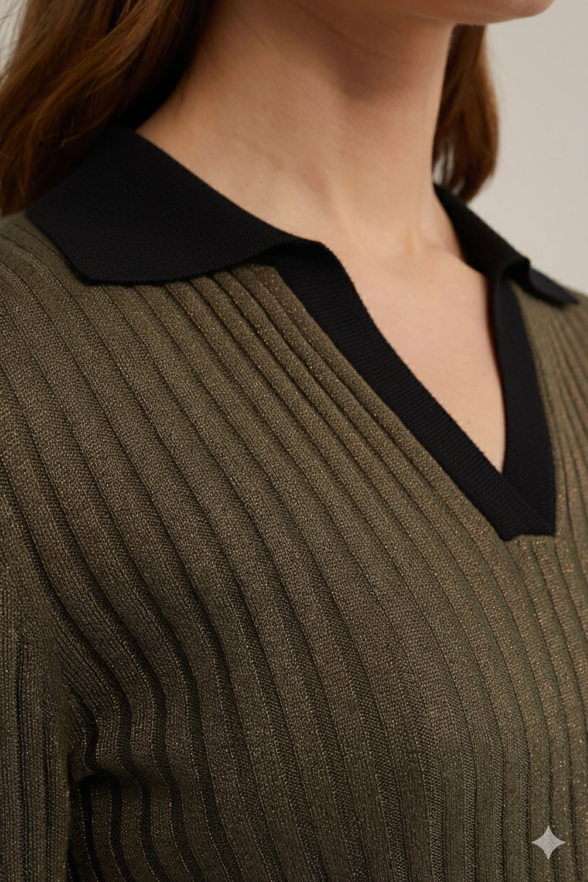 TheFlexo Full Sleeve Ribbed Knit Polo Thermal Top Olive Green (Black Collar)