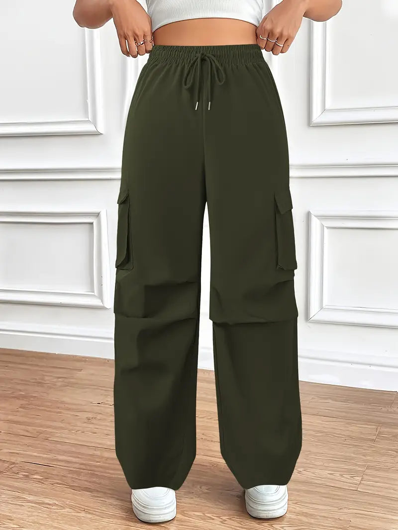 "Army Green Wide-Leg High-Waist Cargo Sweatpants | Women | The Flexo"
