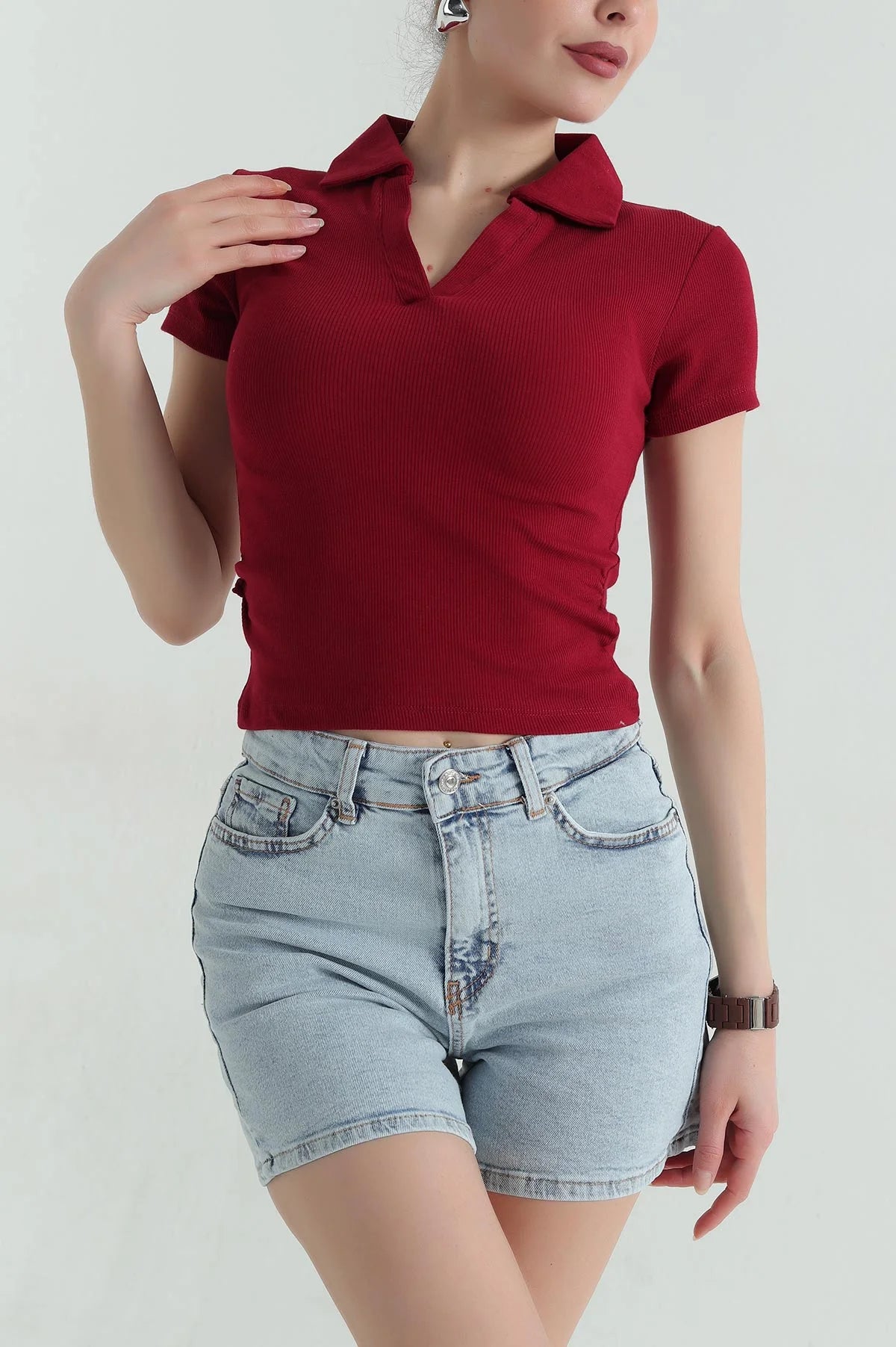 TheFlexo Half Sleeve Ribbed Knit Polo Thermal Top - Maroon - (Short Sleeves)