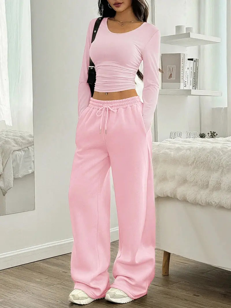 "Baby Pink Wide-Leg High-Waist Sweatpants | Women | The Flexo"