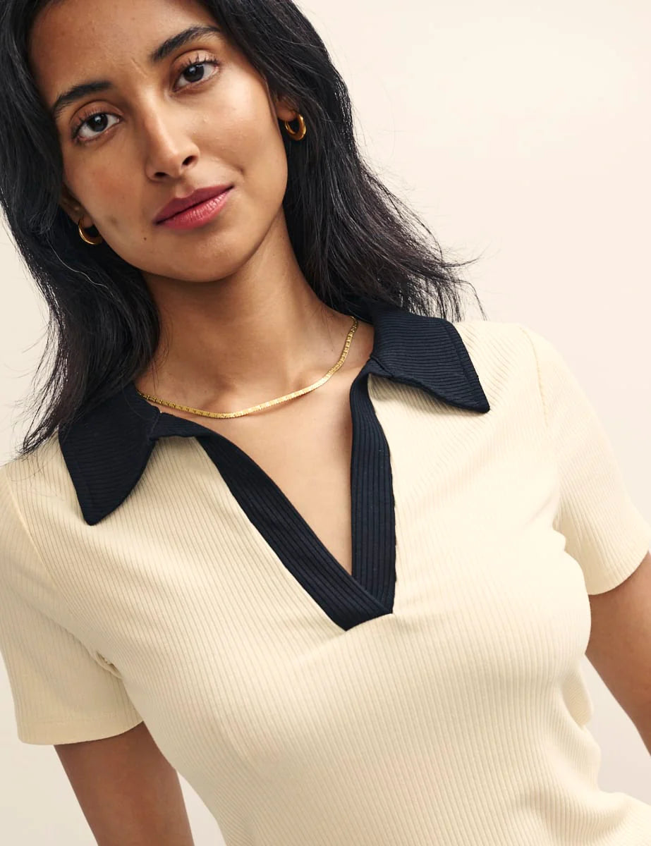 TheFlexo Half Sleeve Ribbed Knit Polo Thermal Top - Biege - (Short Sleeves)