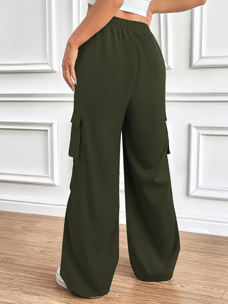 "Army Green Wide-Leg High-Waist Cargo Sweatpants | Women | The Flexo"