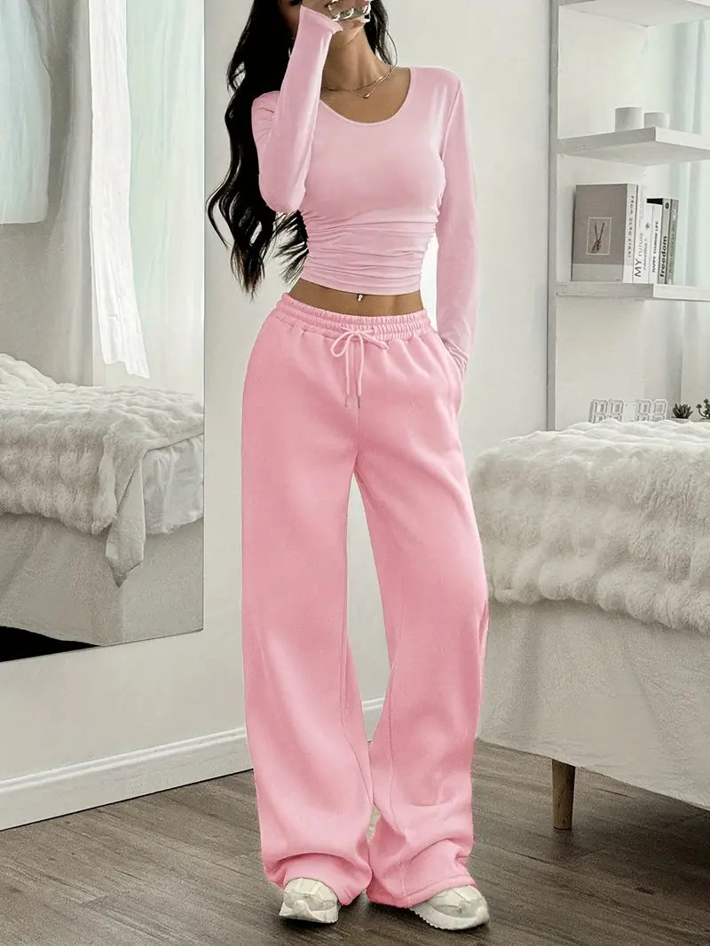 "Baby Pink Wide-Leg High-Waist Sweatpants | Women | The Flexo"