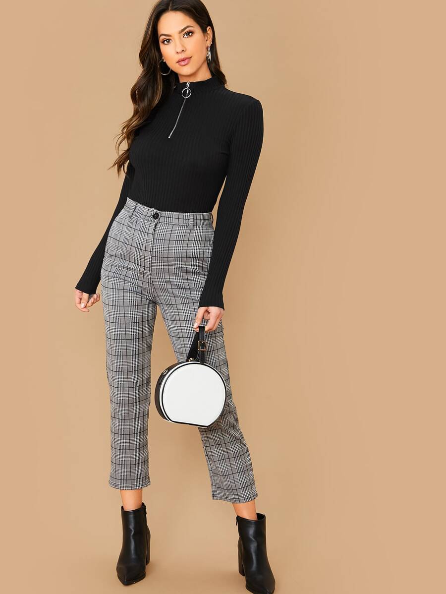 TheFlexo Full Sleeve Zipper Ribbed Knit Polo Thermal Top Black