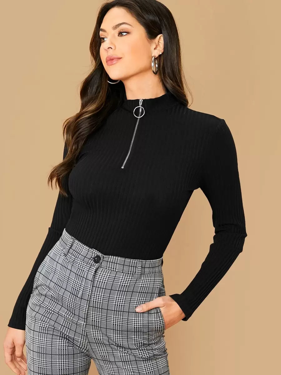 TheFlexo Full Sleeve Zipper Ribbed Knit Polo Thermal Top Black