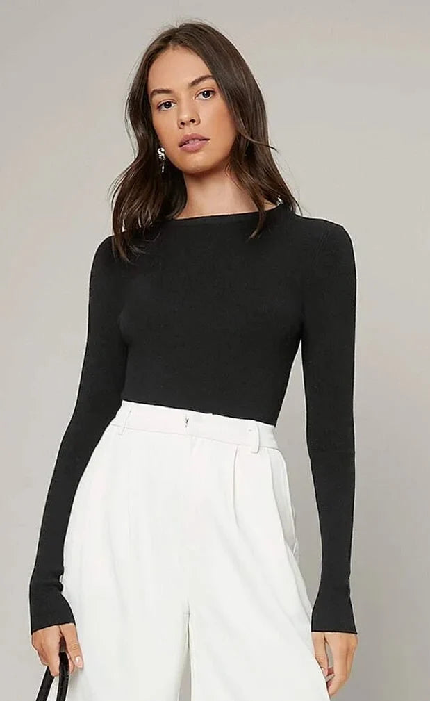 TheFlexo Simple Round Neck Casual Long Sleeve Ribbed Knit Thermal Top  - Black