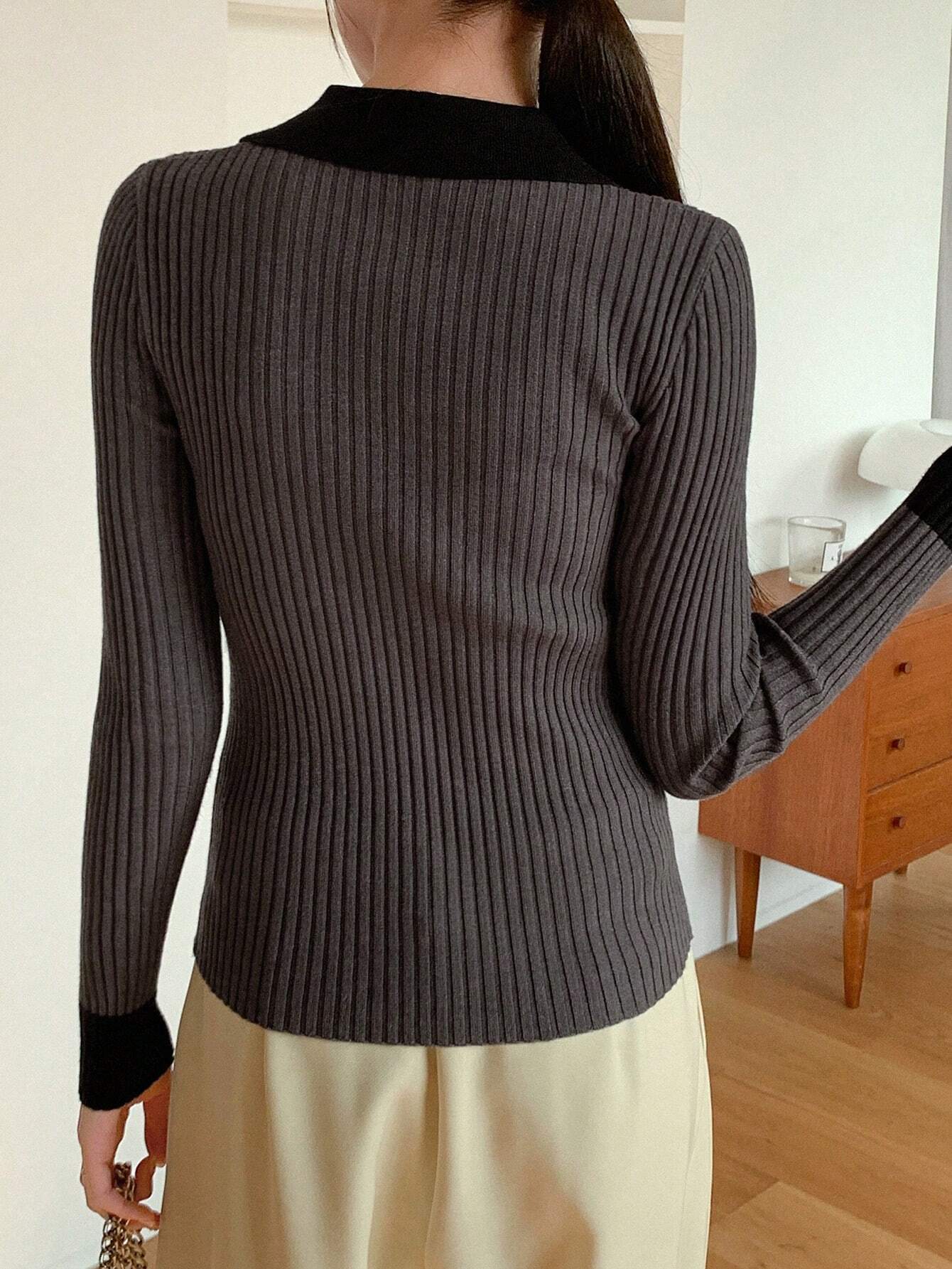 TheFlexo Full Sleeve Ribbed Knit Polo Thermal Top - Charcoal