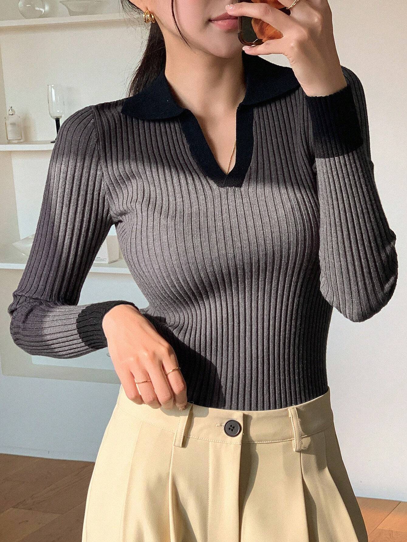 TheFlexo Full Sleeve Ribbed Knit Polo Thermal Top - Charcoal