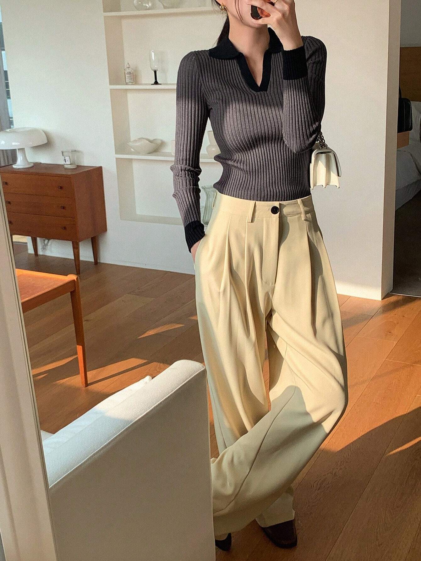 TheFlexo Full Sleeve Ribbed Knit Polo Thermal Top - Charcoal