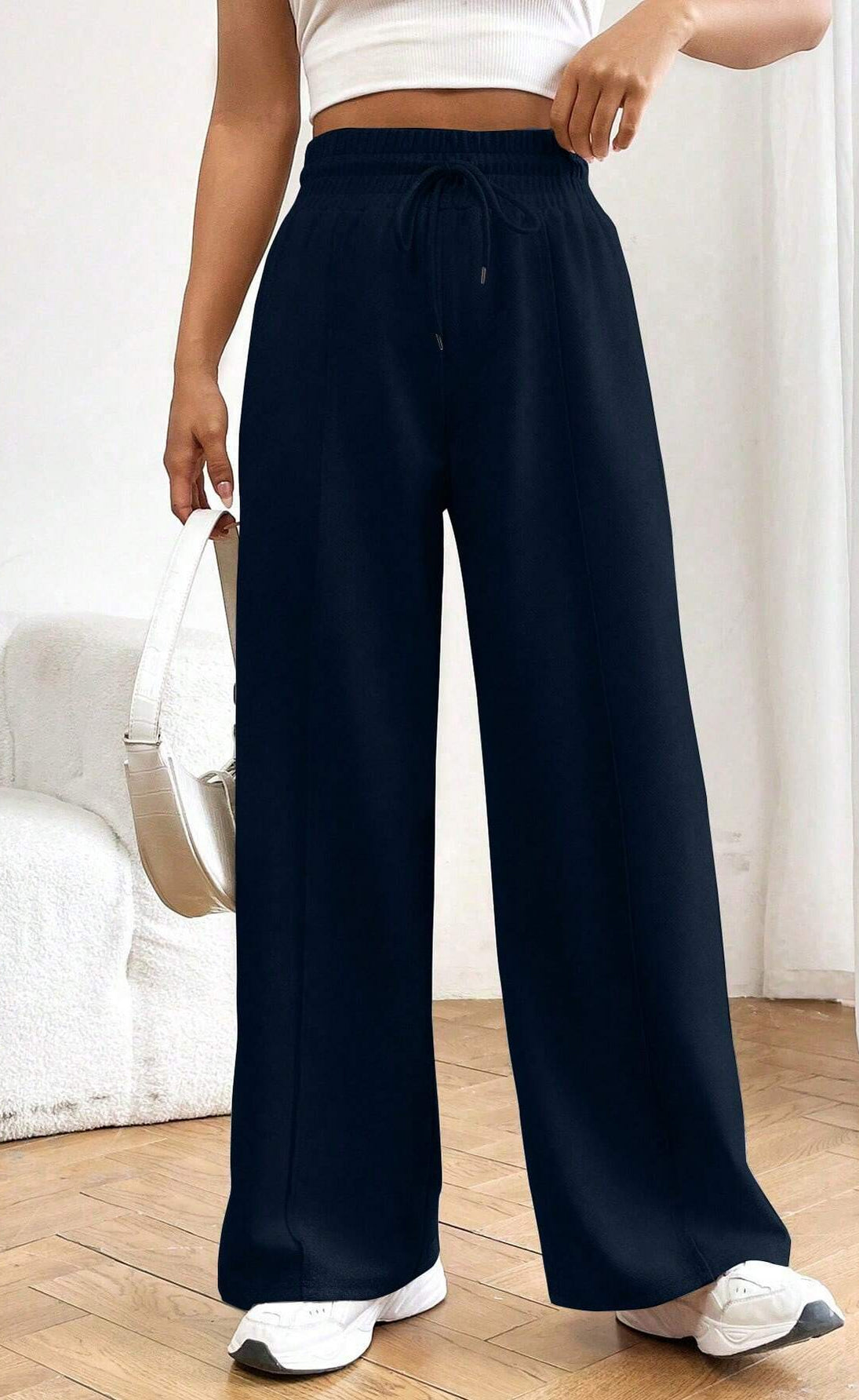 "Navy Blue Wide-Leg High-Waist Sweatpants | Women | The Flexo"