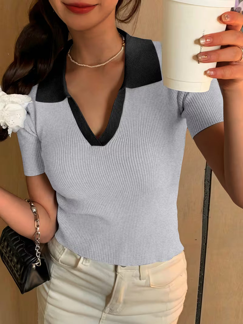TheFlexo Half Sleeve Ribbed Knit Polo Thermal Top - Grey - (Short Sleeves)