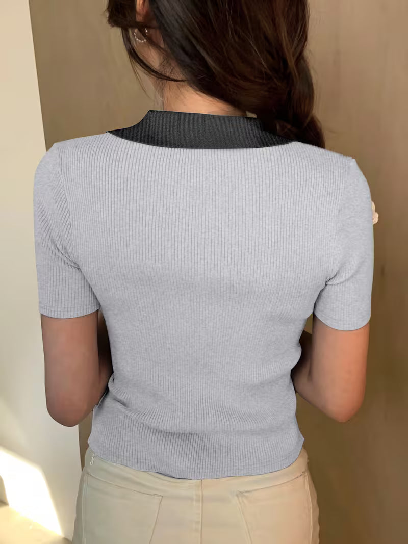 TheFlexo Half Sleeve Ribbed Knit Polo Thermal Top - Grey - (Short Sleeves)