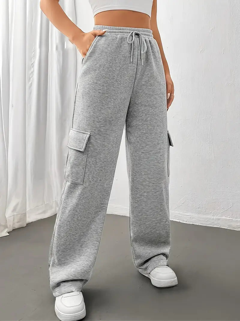 "Grey Wide-Leg High-Waist Cargo Sweatpants | Women | The Flexo"