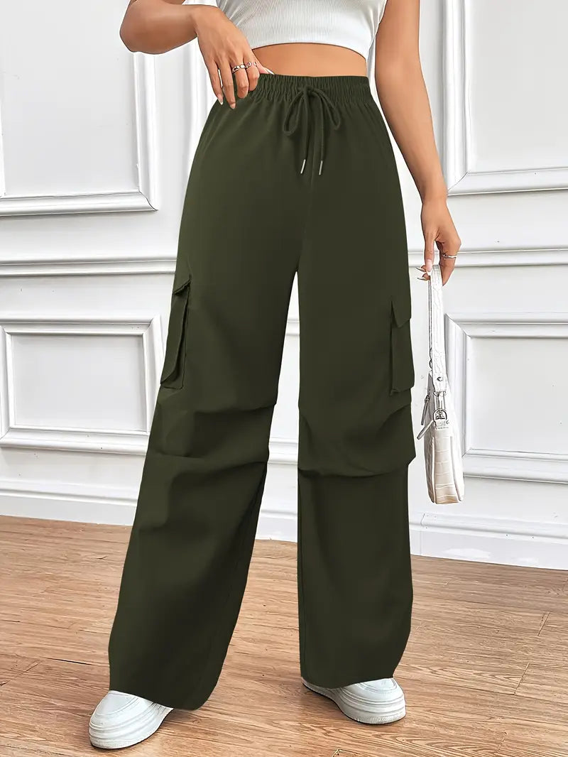 "Army Green Wide-Leg High-Waist Cargo Sweatpants | Women | The Flexo"