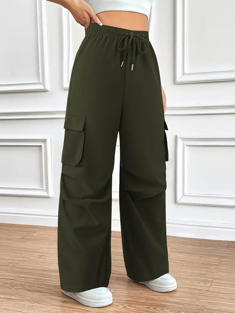 "Army Green Wide-Leg High-Waist Cargo Sweatpants | Women | The Flexo"