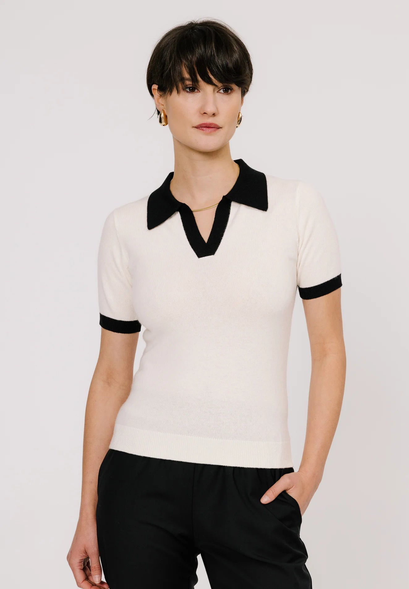 TheFlexo Half Sleeve Ribbed Knit Polo Thermal Top - Biege - (Short Sleeves)
