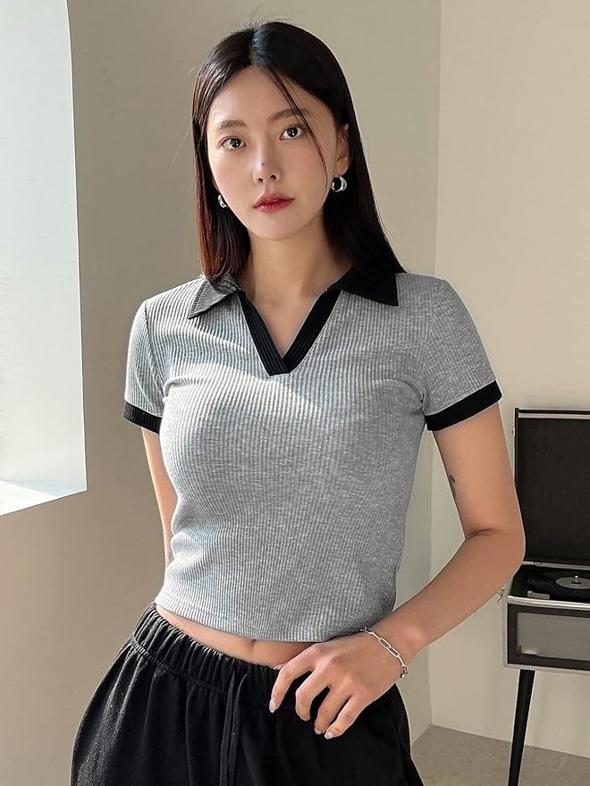 TheFlexo Half Sleeve Ribbed Knit Polo Thermal Top - Grey - (Short Sleeves)