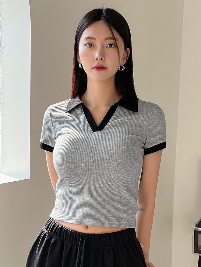 TheFlexo Half Sleeve Ribbed Knit Polo Thermal Top - Grey - (Short Sleeves)