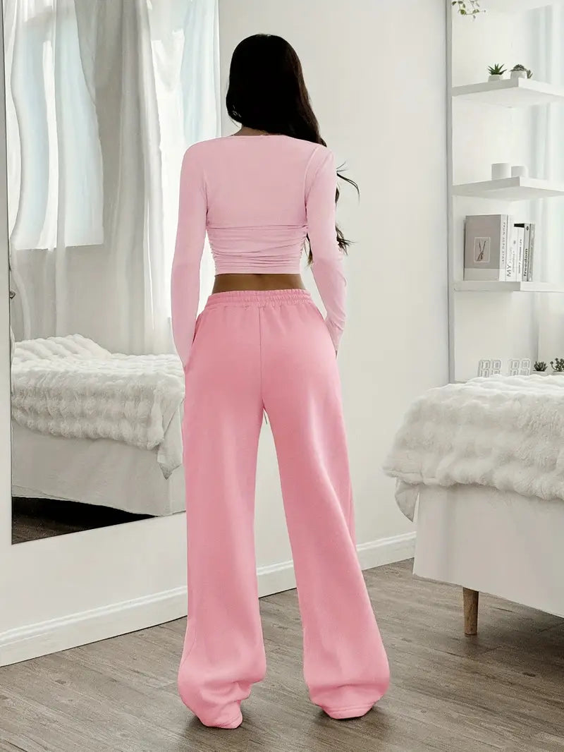 "Baby Pink Wide-Leg High-Waist Sweatpants | Women | The Flexo"