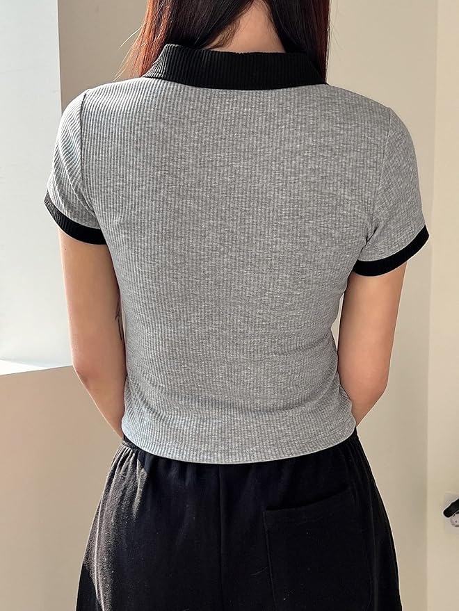 TheFlexo Half Sleeve Ribbed Knit Polo Thermal Top - Grey - (Short Sleeves)