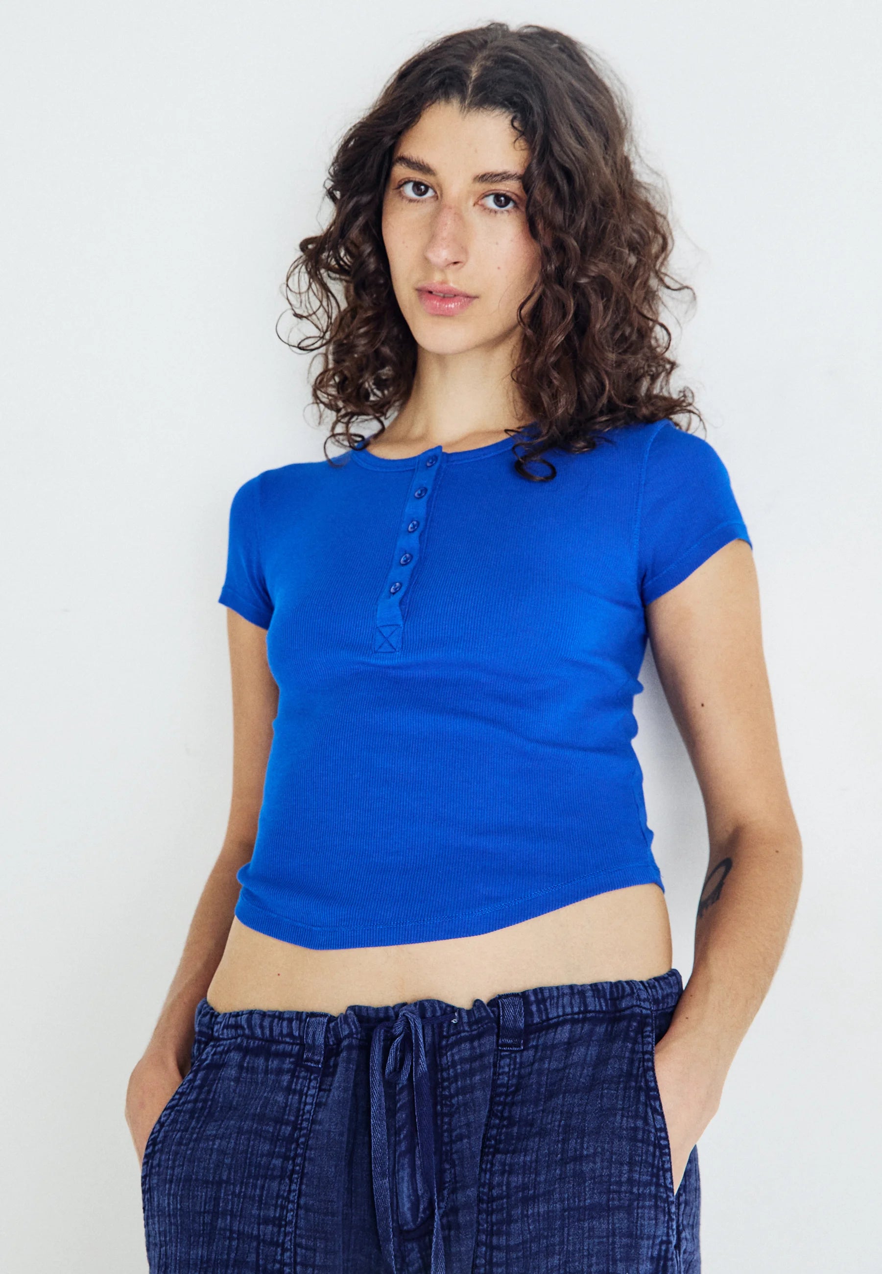 TheFlexo Rib Knit Button Tee - Royal Blue - Half Sleeves