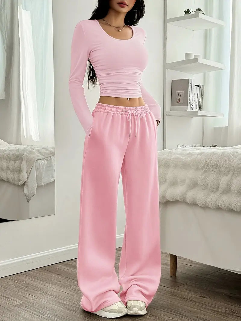 "Baby Pink Wide-Leg High-Waist Sweatpants | Women | The Flexo"