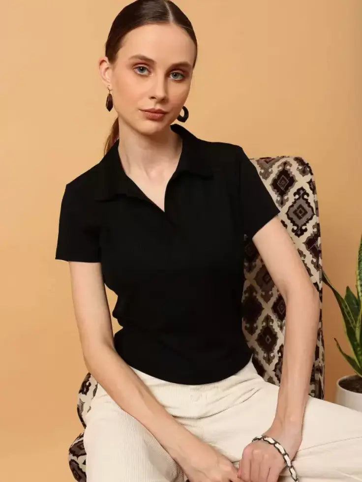 TheFlexo Half Sleeve Ribbed Knit Polo Thermal Top - Black - (Short Sleeves)