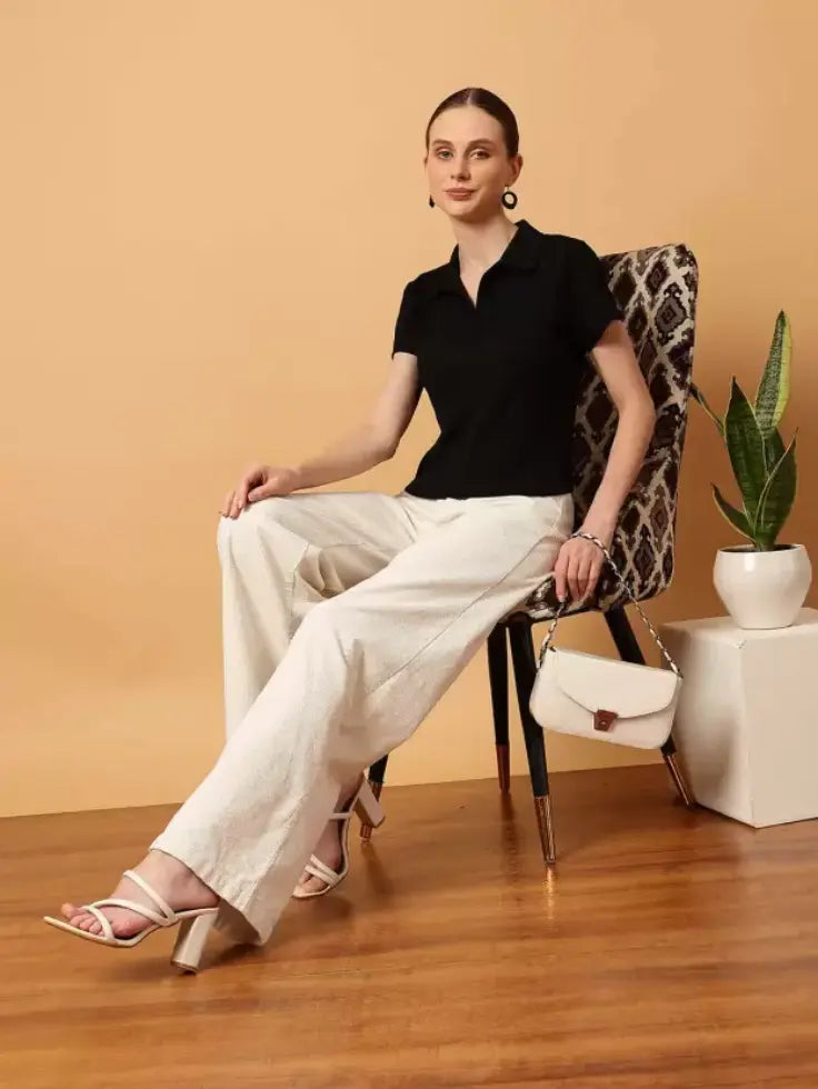 TheFlexo Half Sleeve Ribbed Knit Polo Thermal Top - Black - (Short Sleeves)