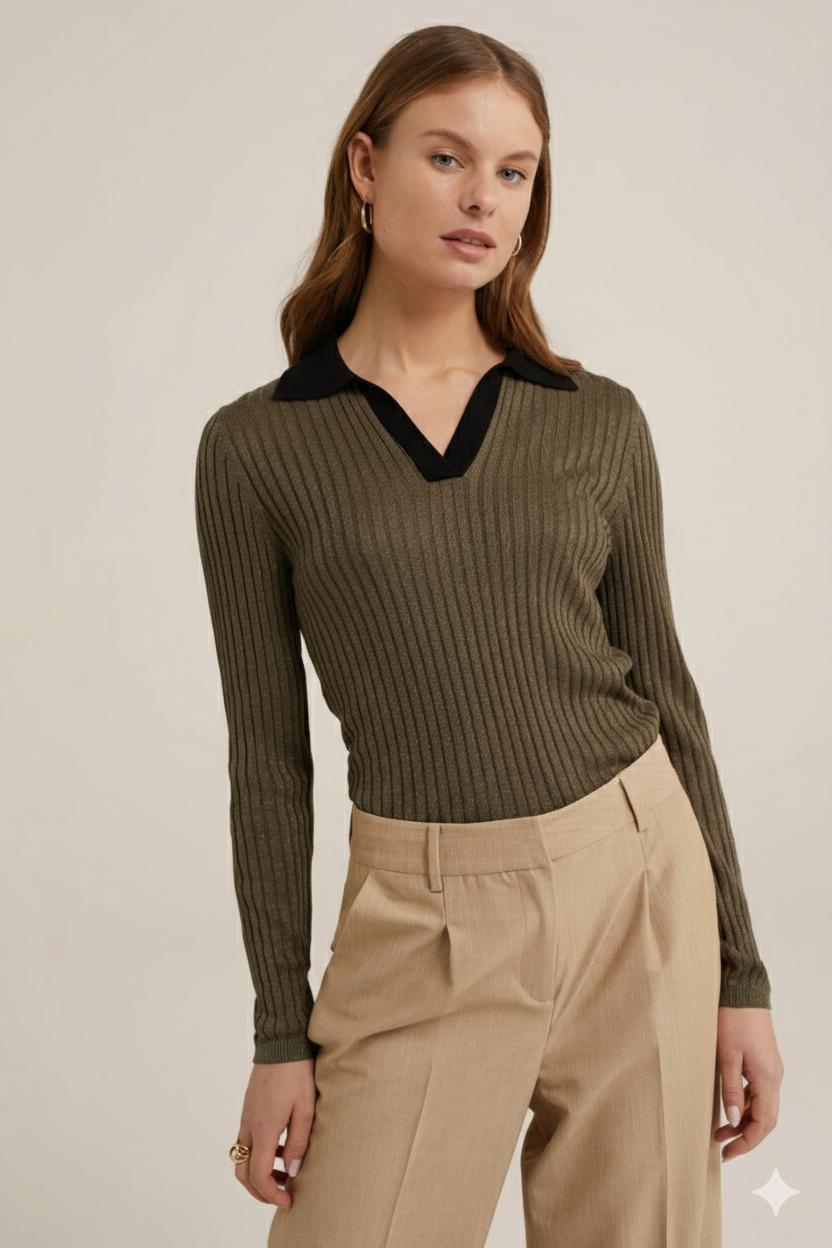 TheFlexo Full Sleeve Ribbed Knit Polo Thermal Top Olive Green (Black Collar)