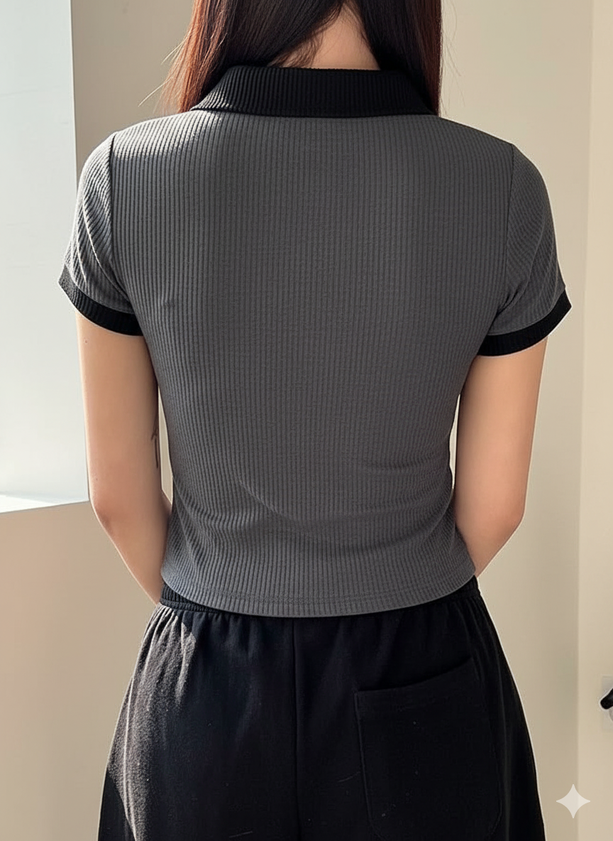 TheFlexo Half Sleeve Ribbed Knit Polo Thermal Top - Charcoal - (Short Sleeves)