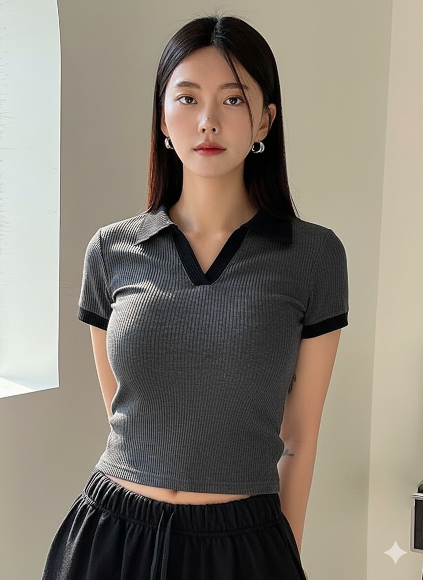 TheFlexo Half Sleeve Ribbed Knit Polo Thermal Top - Charcoal - (Short Sleeves)