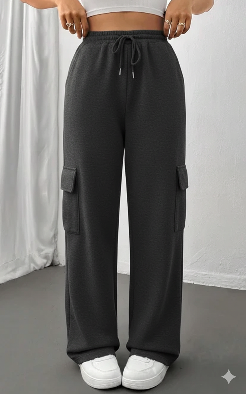 "Charcoal Wide-Leg High-Waist Cargo Sweatpants | Women | The Flexo"