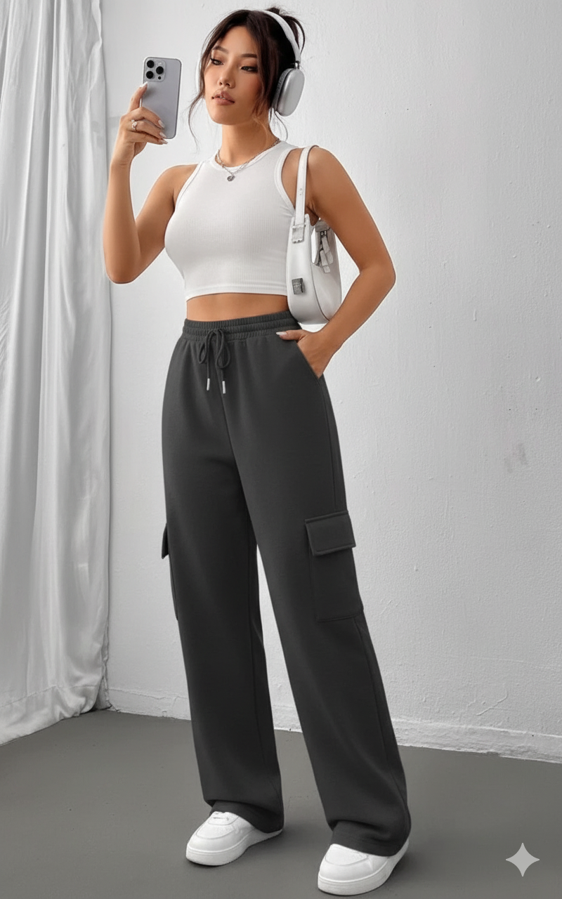 "Charcoal Wide-Leg High-Waist Cargo Sweatpants | Women | The Flexo"