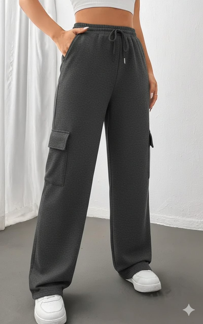 "Charcoal Wide-Leg High-Waist Cargo Sweatpants | Women | The Flexo"