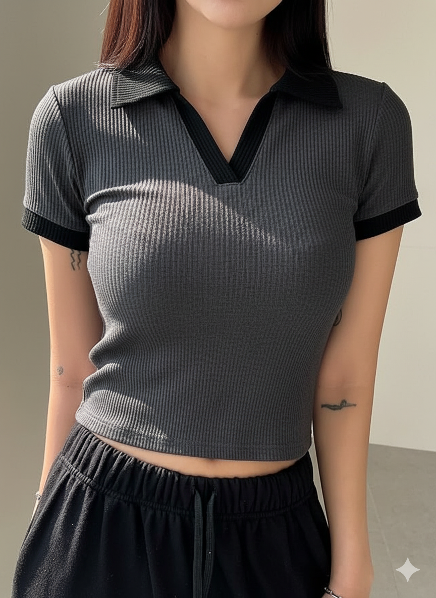 TheFlexo Half Sleeve Ribbed Knit Polo Thermal Top - Charcoal - (Short Sleeves)