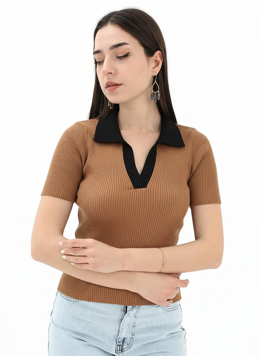 TheFlexo Half Sleeve Ribbed Knit Polo Thermal Top - Camel Brown - (Short Sleeves)
