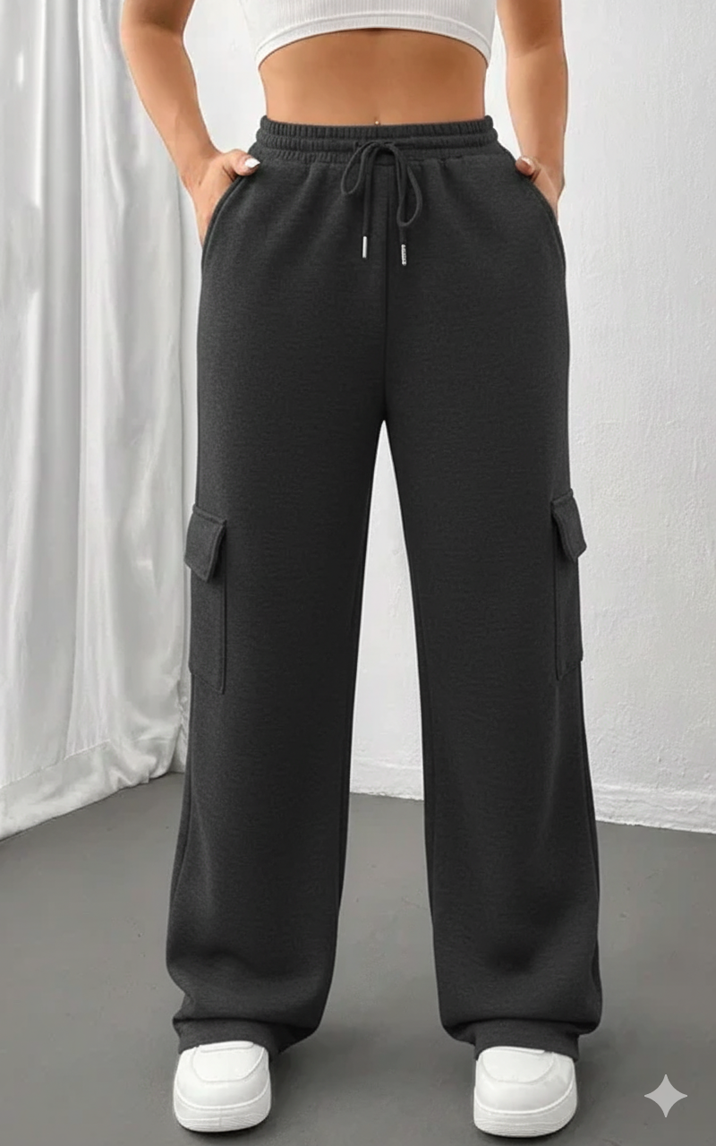 "Charcoal Wide-Leg High-Waist Cargo Sweatpants | Women | The Flexo"