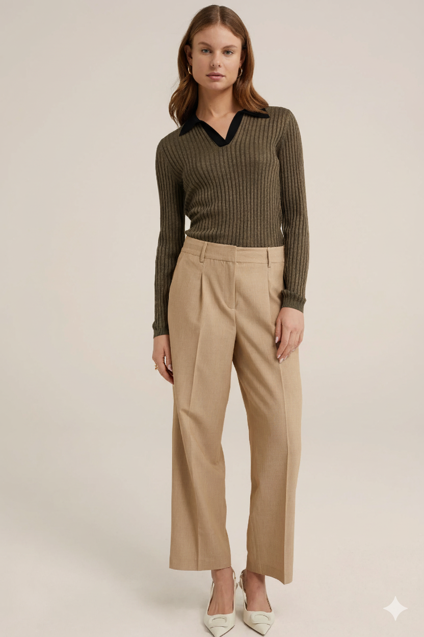 TheFlexo Full Sleeve Ribbed Knit Polo Thermal Top Olive Green (Black Collar)