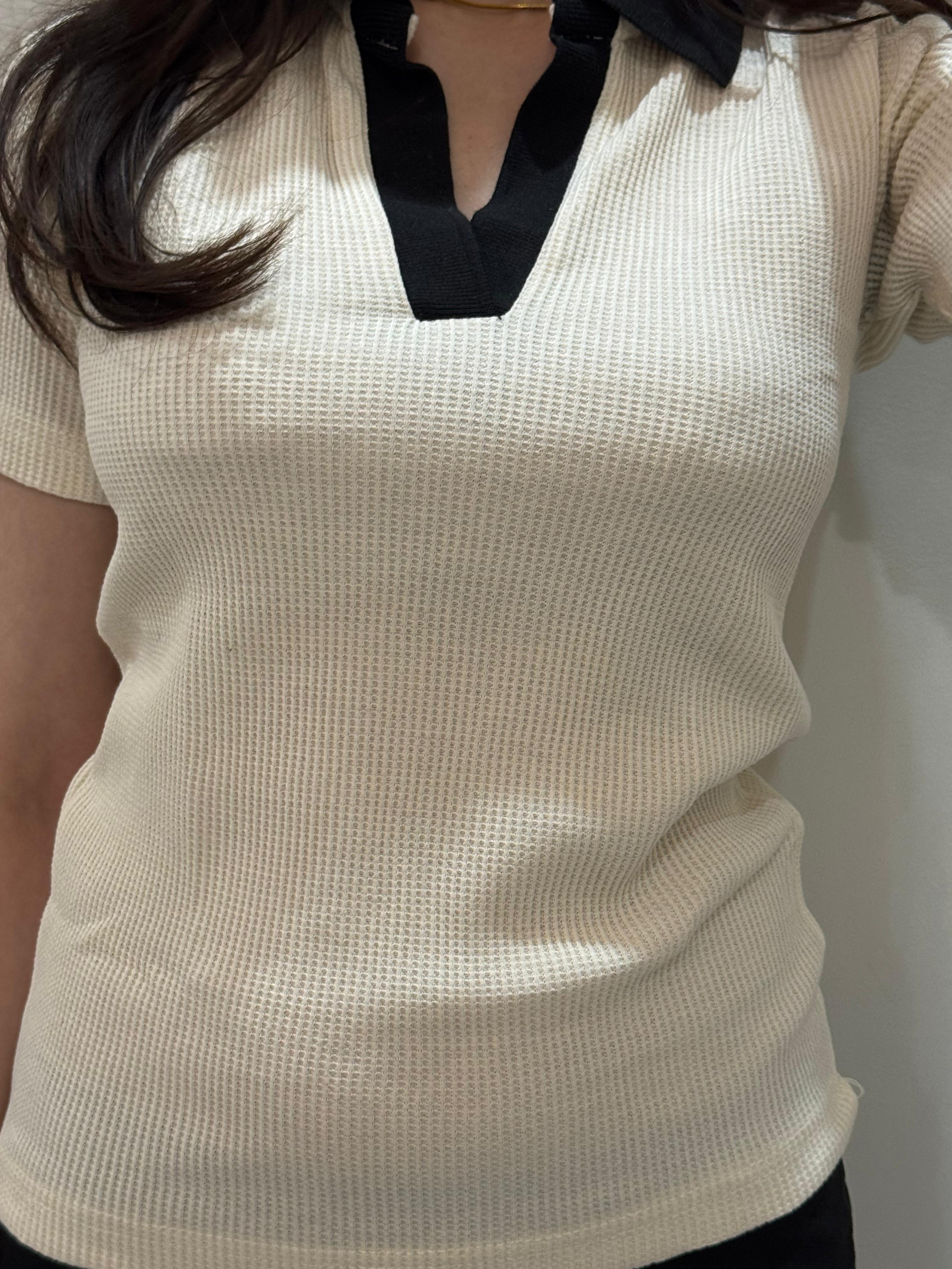TheFlexo Half Sleeve Ribbed Knit Polo Thermal Top - Biege - (Short Sleeves)