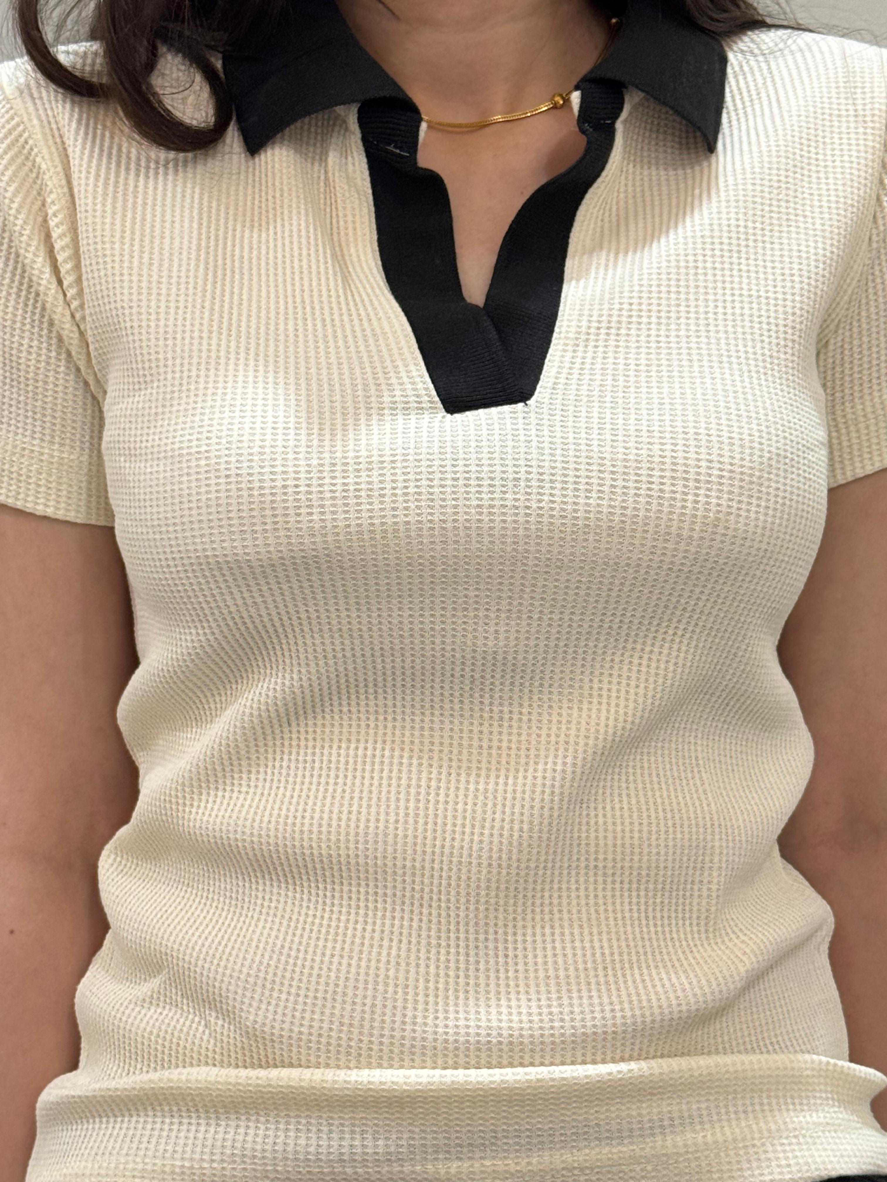 TheFlexo Half Sleeve Ribbed Knit Polo Thermal Top - Biege - (Short Sleeves)