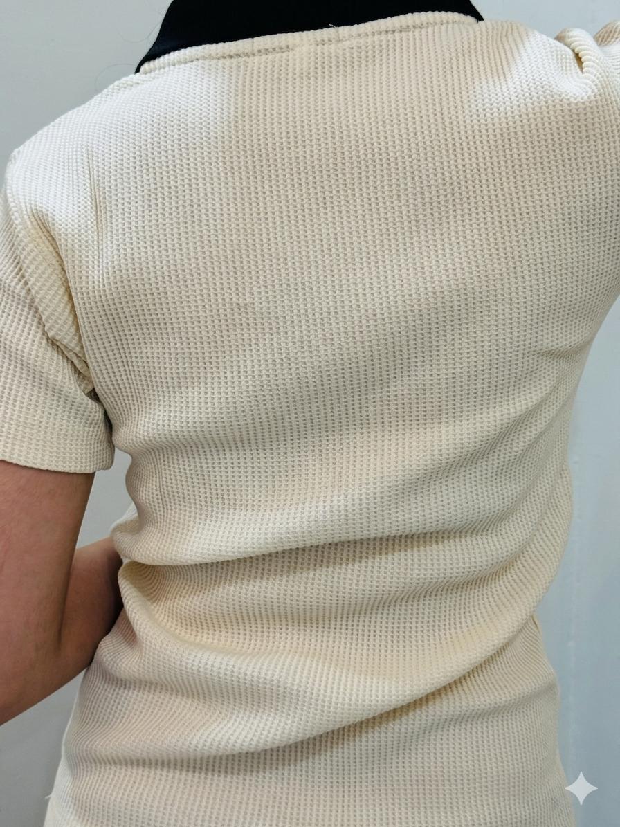 TheFlexo Half Sleeve Ribbed Knit Polo Thermal Top - Biege - (Short Sleeves)